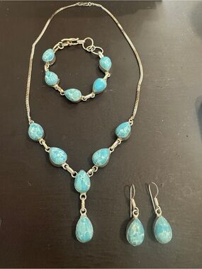 Sterling Silver LarimarTeardrop Necklace, Bracelet & Earring Set
